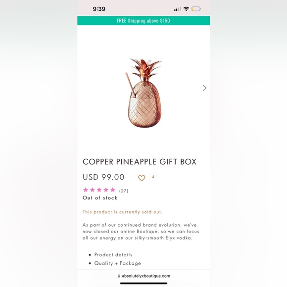 Absolut Elyx Copper Pineapple Drinking Vessel Cup in Gift Box - SOLD OUT ONLINE! - Picture 8 of 15